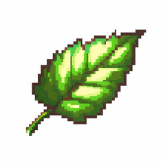 Pixelated game art 16 bit design of a green leaf on a white background