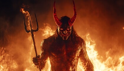 A devil costume with red horns, a tail, and a pitchfork, standing in front of flames