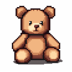 Pixelated game art 16 bit design of a cute teddy bear on a white background