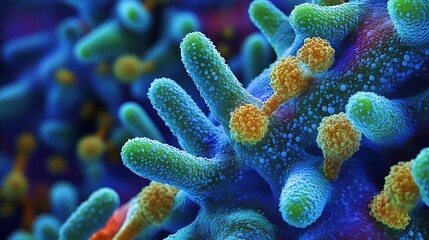 Naklejka premium Virus Binding to Lung Cells A detailed view of virus particles binding to receptors on lung epithelial cells, showing the early stages of infection.