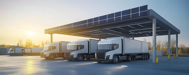 Electric Trucks Charging Under a Solar Panel Canopy at a Modern Charging Station