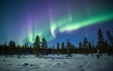 A vibrant green and purple aurora borealis dances in the night sky over a snow-covered forest.