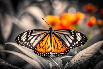 Obraz premium Macro shot of monarch butterfly with vibrant colors on greenery