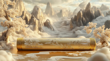 A golden scroll with Chinese landscape patterns, surrounded by golden mountains and rivers, chinese style wallpaper