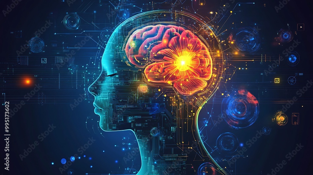 Poster a digital illustration of a human head with a glowing brain inside, representing the concept of arti