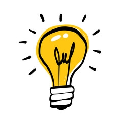 Hand drawn light bulb idea rays shine Doodle Cartoon Flat style. Symbol creativity, inspiration vector illustration