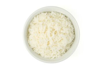 Top view of cooked white hom mali rice (jasmine rice) in white bowl isolated on white background with clipping path flat lay.