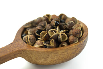 Makhwaen , Zanthoxylum limonella (Dennst.) Alston., is northern Thai spices, dried seeds used for cooking, in brown wooden spoon isolated on white background with clipping path, closed up. Copy space.