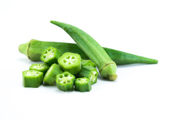 Group of fresh fruits of okra or Abelmoschus esculentus whole and cross section isolated on  white background stack closed up. Raw okra is rich source of dietary fiber and vitamin C and K.