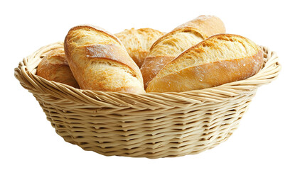 Freshly baked bread rolls in a wicker basket, isolated on transparent cutout background