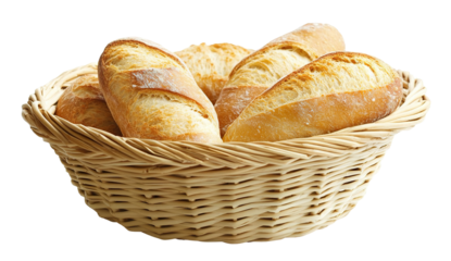 Freshly baked bread rolls in a wicker basket, isolated on transparent cutout background