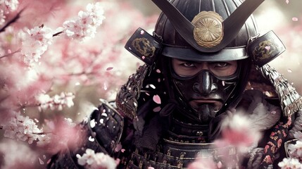 Obraz premium Stoic Samurai Amidst Cherry Blossoms, a resolute warrior clad in ornate battle armor, exuding strength and focus, surrounded by delicate pink petals dancing in the breeze