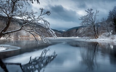 Tranquil winter scene with a frozen lake, snow-covered trees, and a dramatic sky.