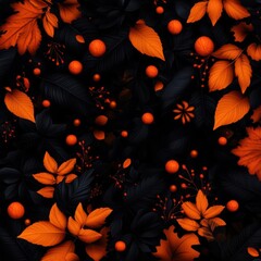 Elegant pattern of dark leaves and vibrant orange elements, perfect for autumn-themed designs and seasonal floral projects.