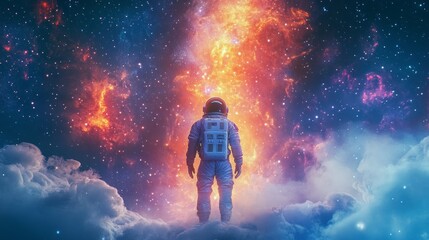 Astronaut Before Celestial Nebula, an awe-inspiring scene featuring an astronaut gazing at a vibrant, luminous nebula filled with swirling colors and cosmic energy.