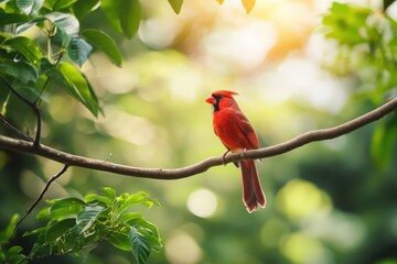 A vibrant red cardinal perched on a branch amidst lush green leaves during late afternoon sunlight