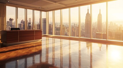 Fototapeta premium An empty executive office with polished floors, a large wooden desk, and floor-to-ceiling windows revealing a sprawling cityscape, illuminated by warm, midday sunlight
