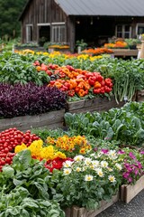 A vibrant display of vegetables and flowers in a community garden. The colorful array showcases the hard work