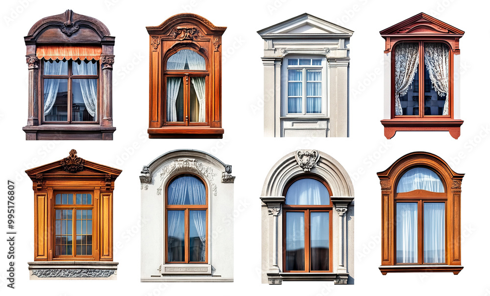 Poster set of different windows isolated on transparent cutout background