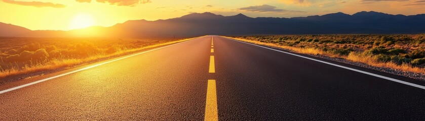 Naklejka premium Scenic highway under vibrant sunset with mountains in the background and clear sky.