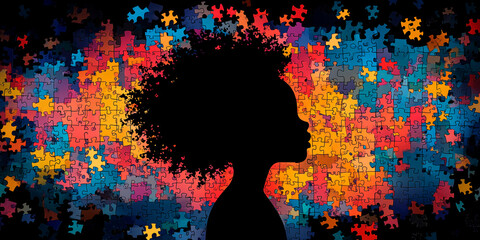 Obraz premium Silhouette of a child against a vibrant puzzle background, symbolizing the complexities of child psychology and development