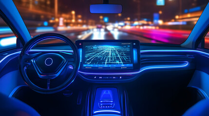 Futuristic Car Interior with Advanced Dashboard and Neon Lighting at Night