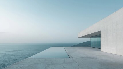 A minimalist art museum located on the edge of a cliff, overlooking a vast, tranquil sea