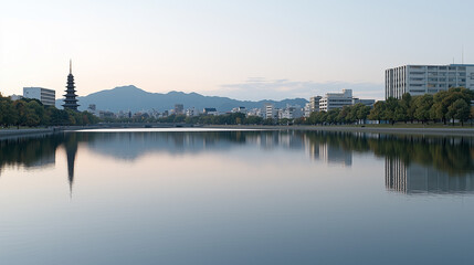 Fototapeta premium Soft Moonlight Reflection Over Misty Dusk Horizon in Kyoto