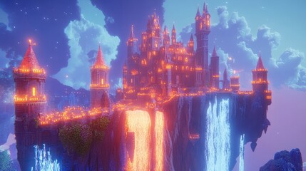 Fototapeta premium A giant floating castle with glowing turrets and a waterfall of light flowing from it