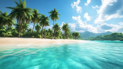 Tropical Island Paradise, a vibrant scene showcasing lush palm trees, clear turquoise waters, and a serene sandy beach under a bright blue sky, evoking tranquility and natural beauty.