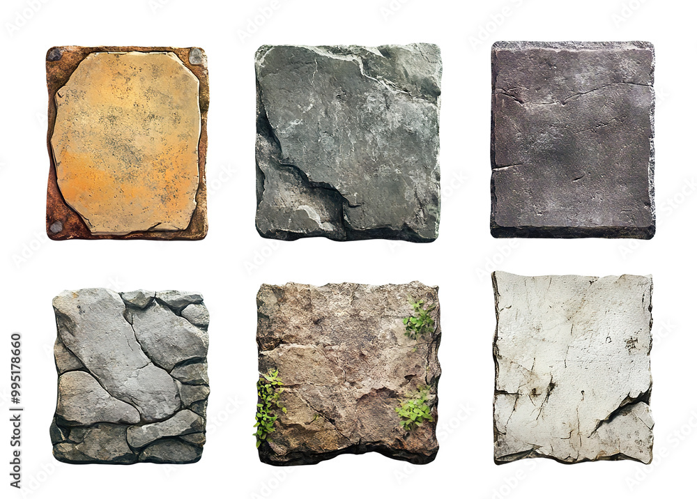 Poster assorted stone signboards in various colors and textures, isolated on transparent cutout background