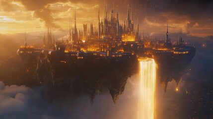 Fototapeta premium A giant floating castle with glowing turrets and a waterfall of light flowing from it