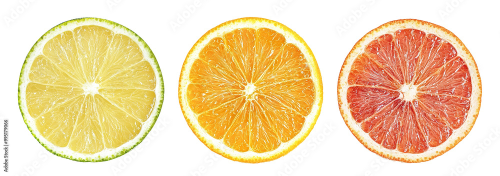 Poster set of three round citrus slices (lime, orange, grapefruit), isolated on transparent cutout backgrou