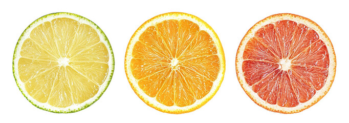 Obraz premium Set of three round citrus slices (lime, orange, grapefruit), isolated on transparent cutout background