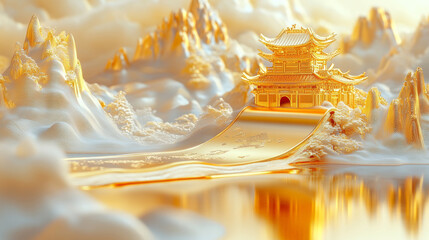 A golden scroll with Chinese landscape patterns, surrounded by golden mountains and rivers, chinese style wallpaper
