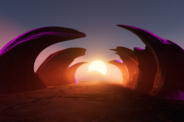 3d render illustration A large, curved rock formation with a sun in the sky