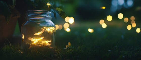 A glowing jar catches fireflies, illuminating the grass with soft bokeh lights, creating a magical nighttime atmosphere.