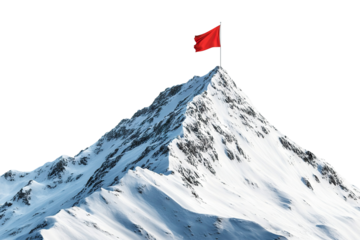 Snowy mountain peak with a red flag on top, isolated on transparent cutout background