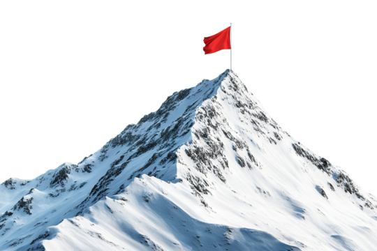 Snowy mountain peak with a red flag on top, isolated on transparent cutout background