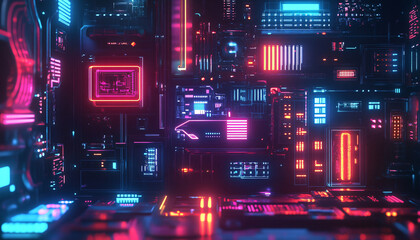 Fototapeta premium Bright, glowing neon signs in various shapes and colors, with a futuristic, cyberpunk-style backdrop