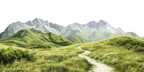 Scenic mountain trail surrounded by greenery and flowers, isolated on transparent cutout background
