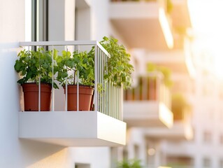 Balcony with potted plants and white railing.