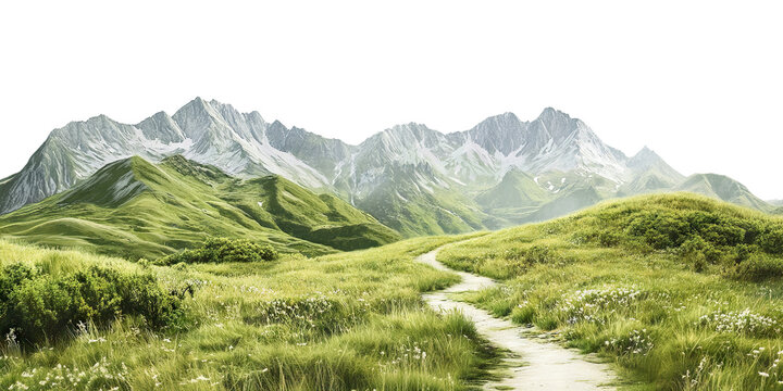 Scenic mountain trail surrounded by greenery and flowers, isolated on transparent cutout background