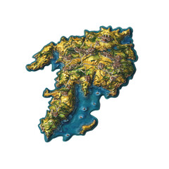 Illustrated Map of an Island with a Coastline and Towns