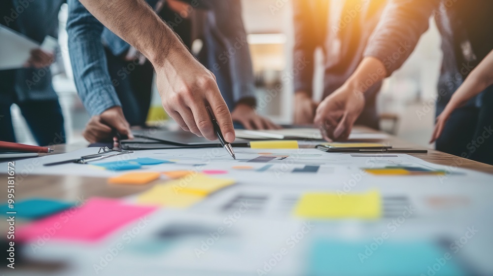Poster hands collaborating on project with colorful notes