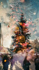Obraz premium Double exposure of a Christmas tree and a festive street fair