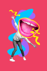 Vertical photo collage of anonym girl dance instead head big lips plump sing scream lipgloss avatar...