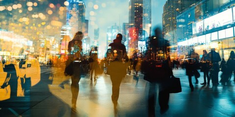Obraz premium Urban Nightlife: Blurred Silhouettes of People Walking in a Vibrant Cityscape