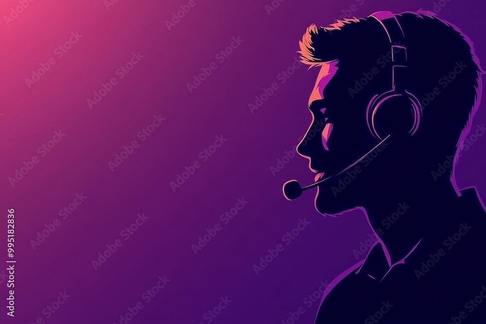 Poster side profile of a man wearing a glowing headset in a minimal neon purple background symbolizing comm