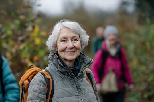 A group of seniors participating in a nature walk. The fresh air and exercise boost their physical and mental health